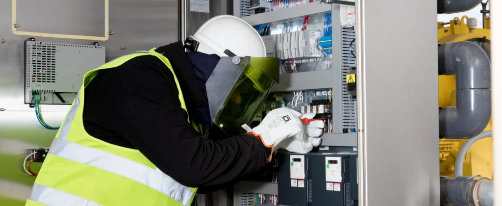 Electrician with protective gear working on switchboard